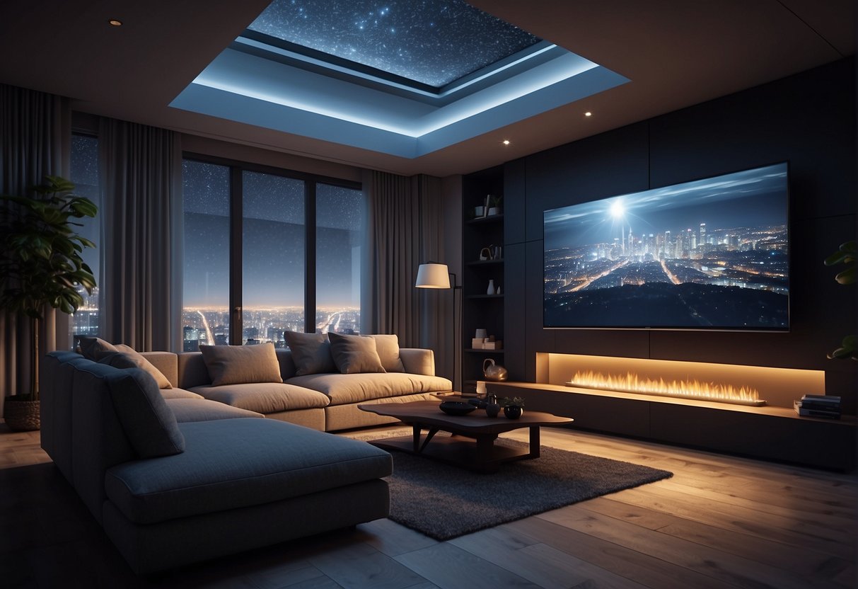 A modern living room with voice-controlled lights, automated curtains, and a central smart hub controlling all devices