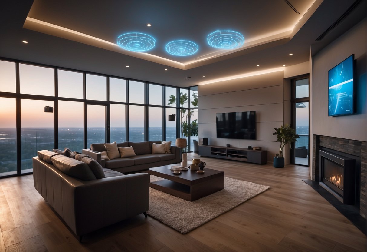 A modern home with interconnected devices, such as lights, thermostat, and security cameras, all controlled by a central hub