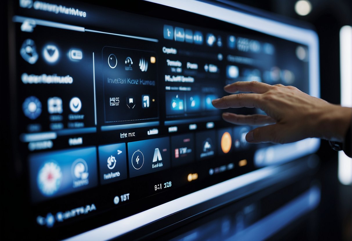 A hand reaches out to touch a sleek control panel, while various smart devices are connected and functioning in the background