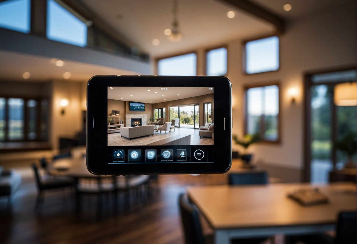 A smart home system activates security cameras and locks doors in response to a potential threat, while alerting homeowners through their mobile devices