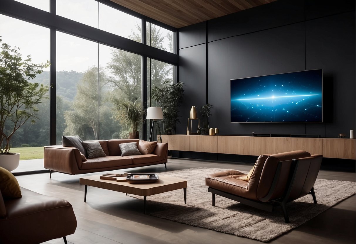 A modern living room with automated climate control and smart lighting, featuring sleek, minimalist design and advanced technology