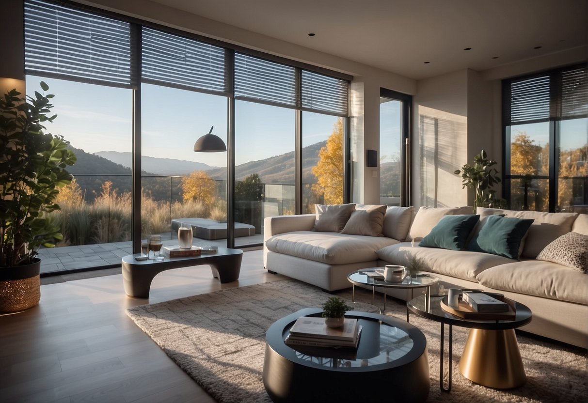 A sleek, modern living room with voice-activated lights, automated blinds, and a central control panel for smart home devices