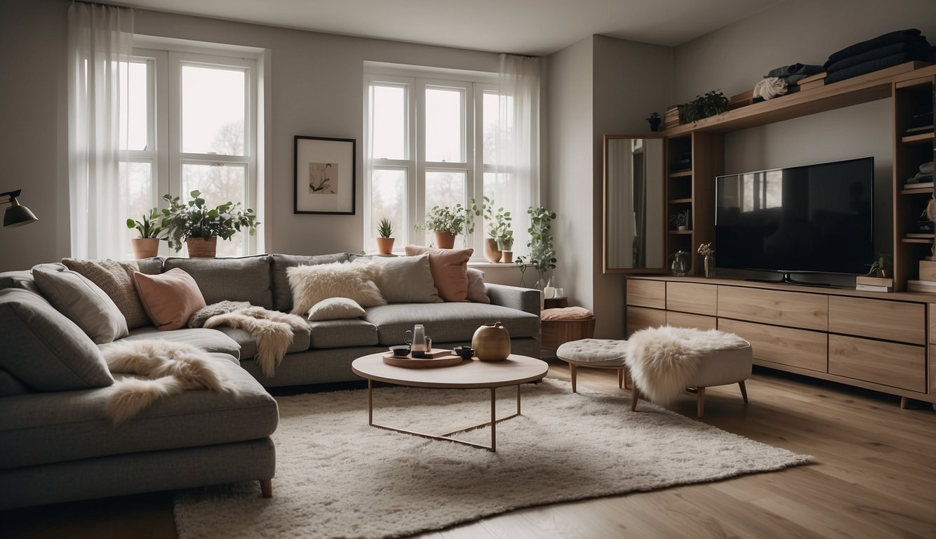 A cozy living room with a woman's wardrobe laid out, featuring a pair of stylish sweatpants, a variety of tops, and trendy accessories