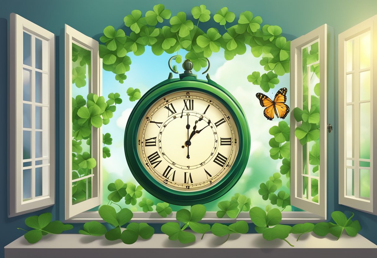 A clock showing 11:44, with a beam of light shining through a window onto the numbers, surrounded by four leaf clovers and a butterfly