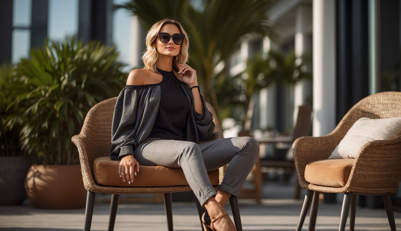 A woman's sweatpants draped over a chair, paired with heels and a stylish top. A handbag and sunglasses sit nearby