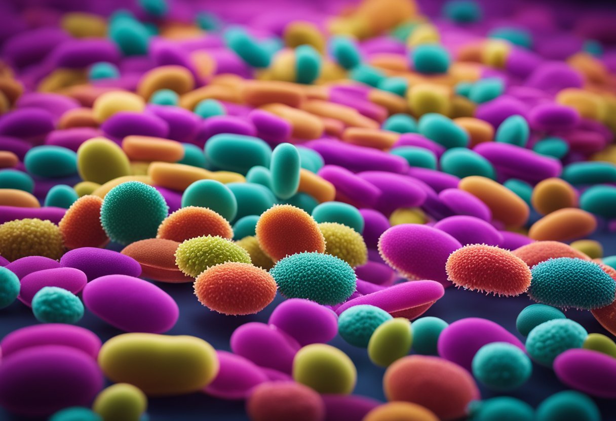 A group of diverse bacteria strains thrive in a colorful, vibrant environment, representing the effectiveness of OCD probiotics