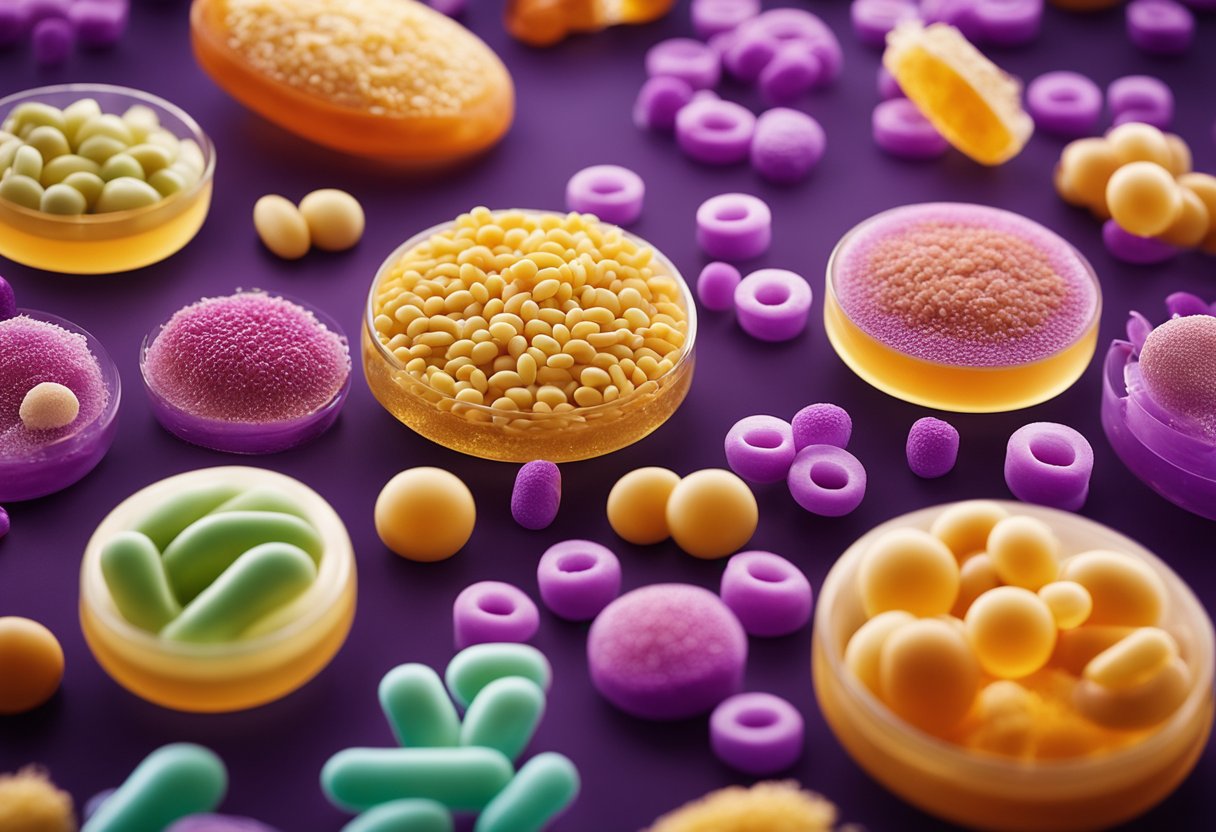 A variety of probiotic bacteria and yeast strains, such as lactobacillus and saccharomyces, are depicted in a colorful and vibrant display, showcasing their diversity and potential health benefits