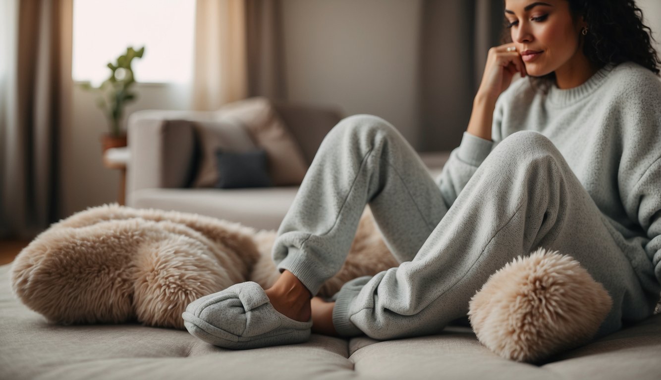 A woman's pair of sweatpants laid out with a cozy oversized sweater and fuzzy slippers nearby, creating a comfortable work-from-home look