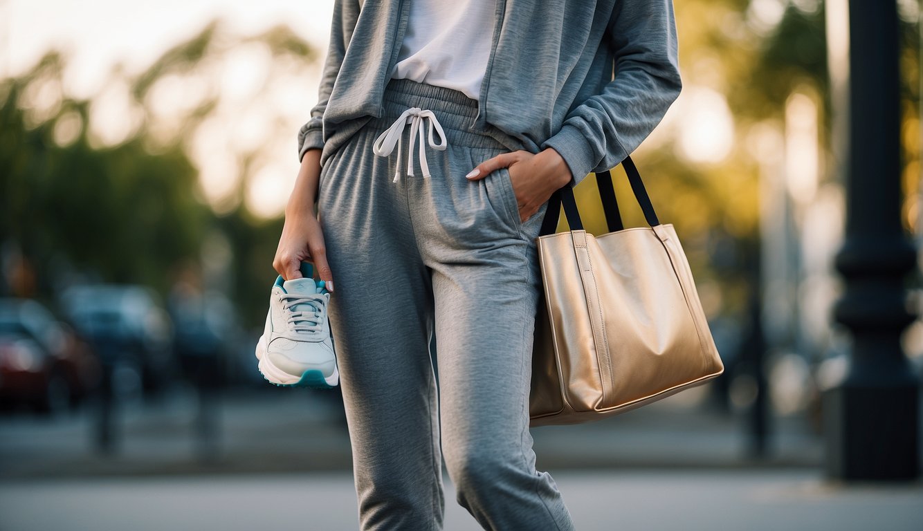A woman's legs in stylish sweatpants, paired with a flowy top and sneakers. A reusable water bottle and eco-friendly tote bag complete the sustainable look