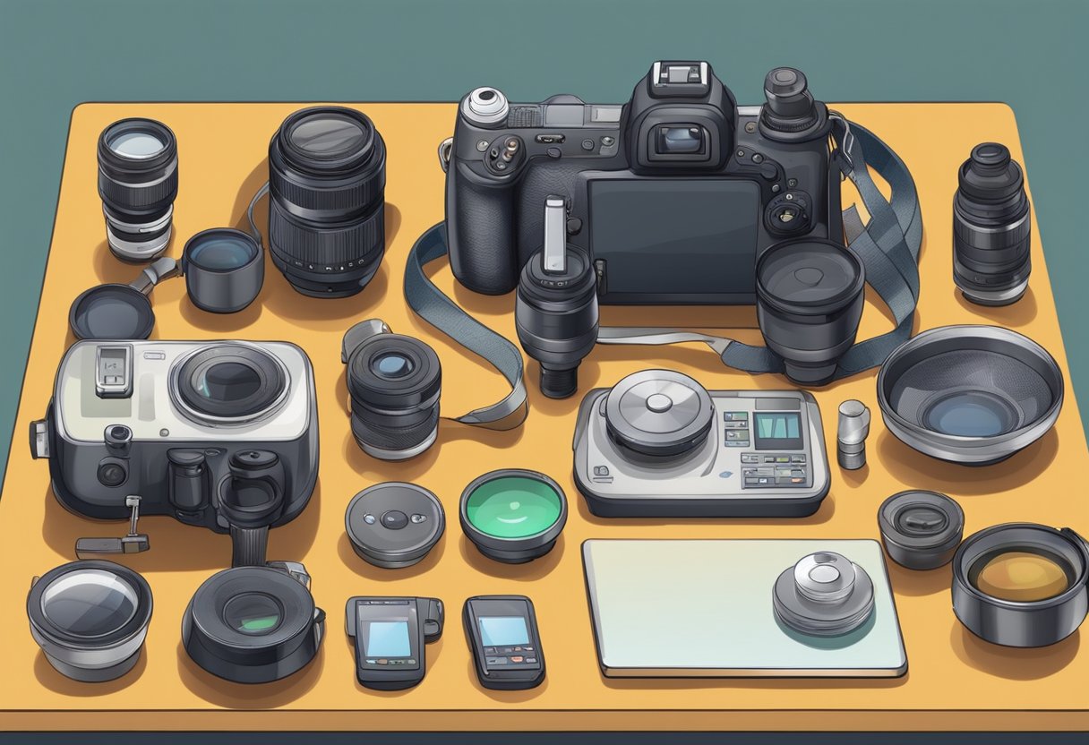 A table with various camera equipment laid out. A scale showing weight