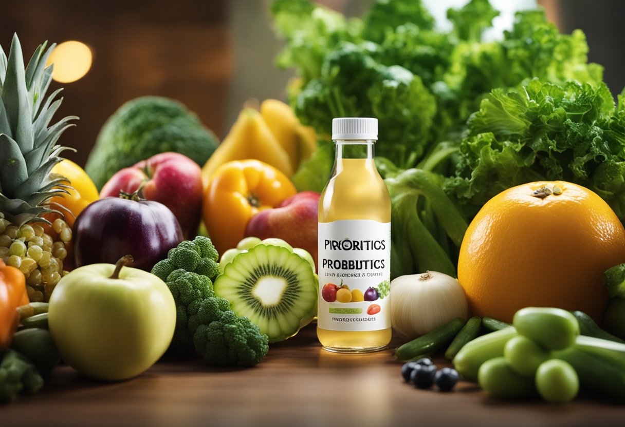 A bottle of probiotics sits on a table, surrounded by colorful fruits and vegetables. A sunbeam illuminates the scene, creating a sense of health and vitality