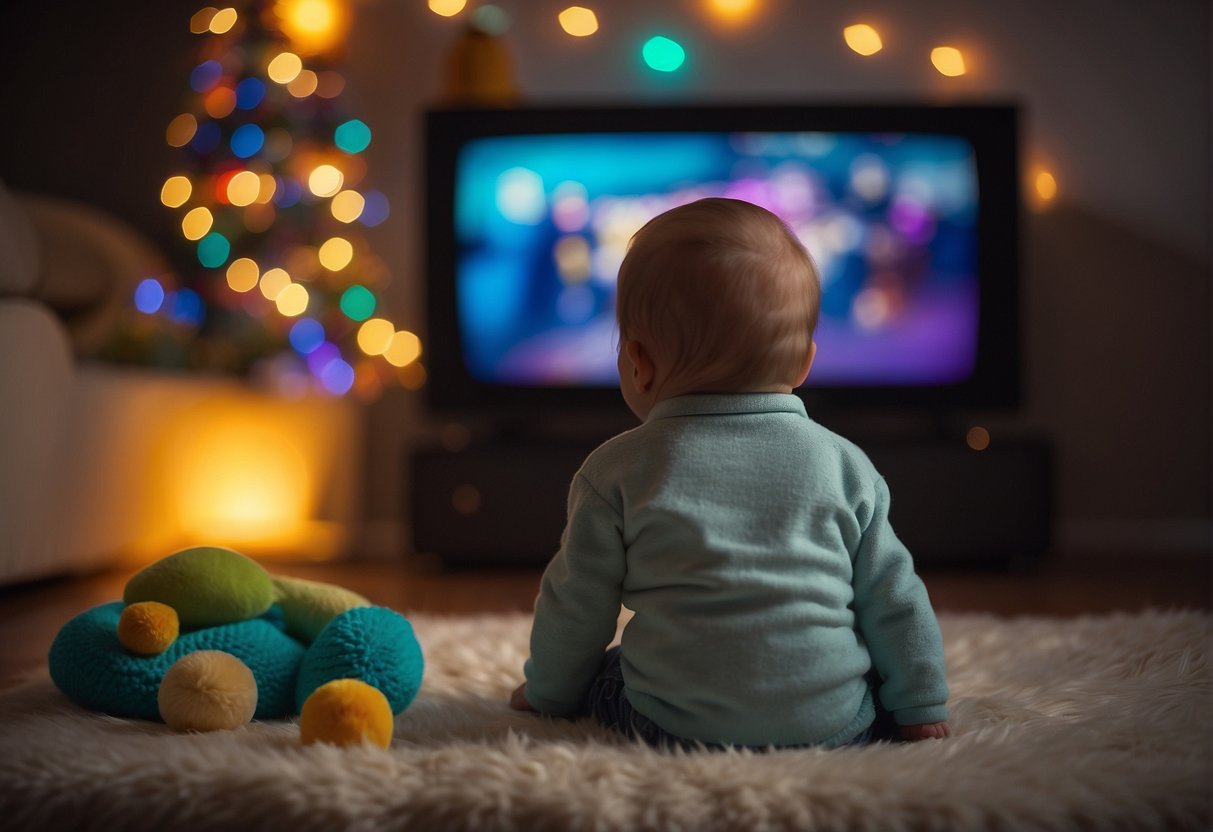 A baby stares at a glowing TV screen, surrounded by colorful toys and a cozy blanket