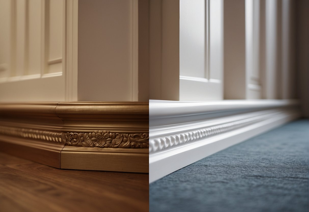 A side-by-side comparison of modern and traditional skirting board profiles with clean, straight lines on one side and intricate, ornate detailing on the other