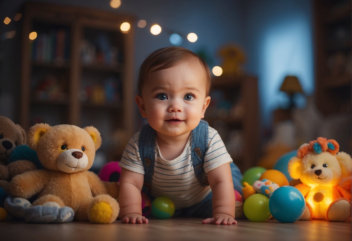 A baby's eyes fixate on a glowing screen, surrounded by colorful toys and books. The room is filled with soft light, creating a cozy and inviting atmosphere