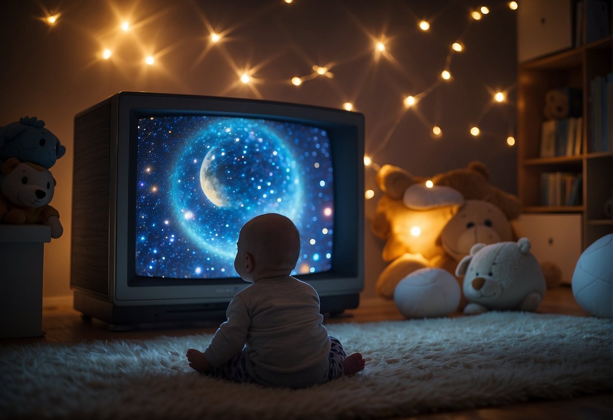 A baby sits in front of a glowing television screen, eyes fixed on the moving images. Surrounding the baby are various toys and books left untouched