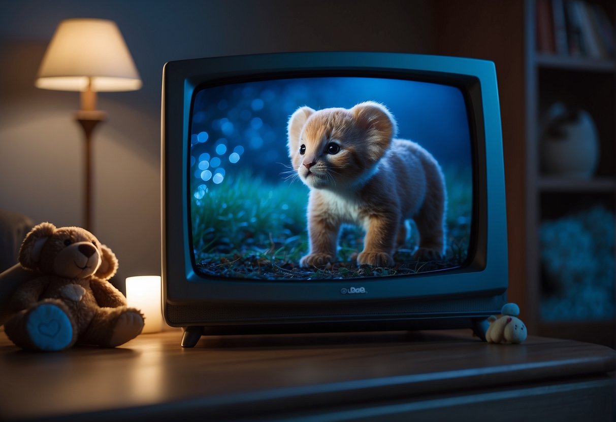 A baby's toy lies untouched as a TV screen glows in the dimly lit room, casting a blue hue on the surrounding furniture