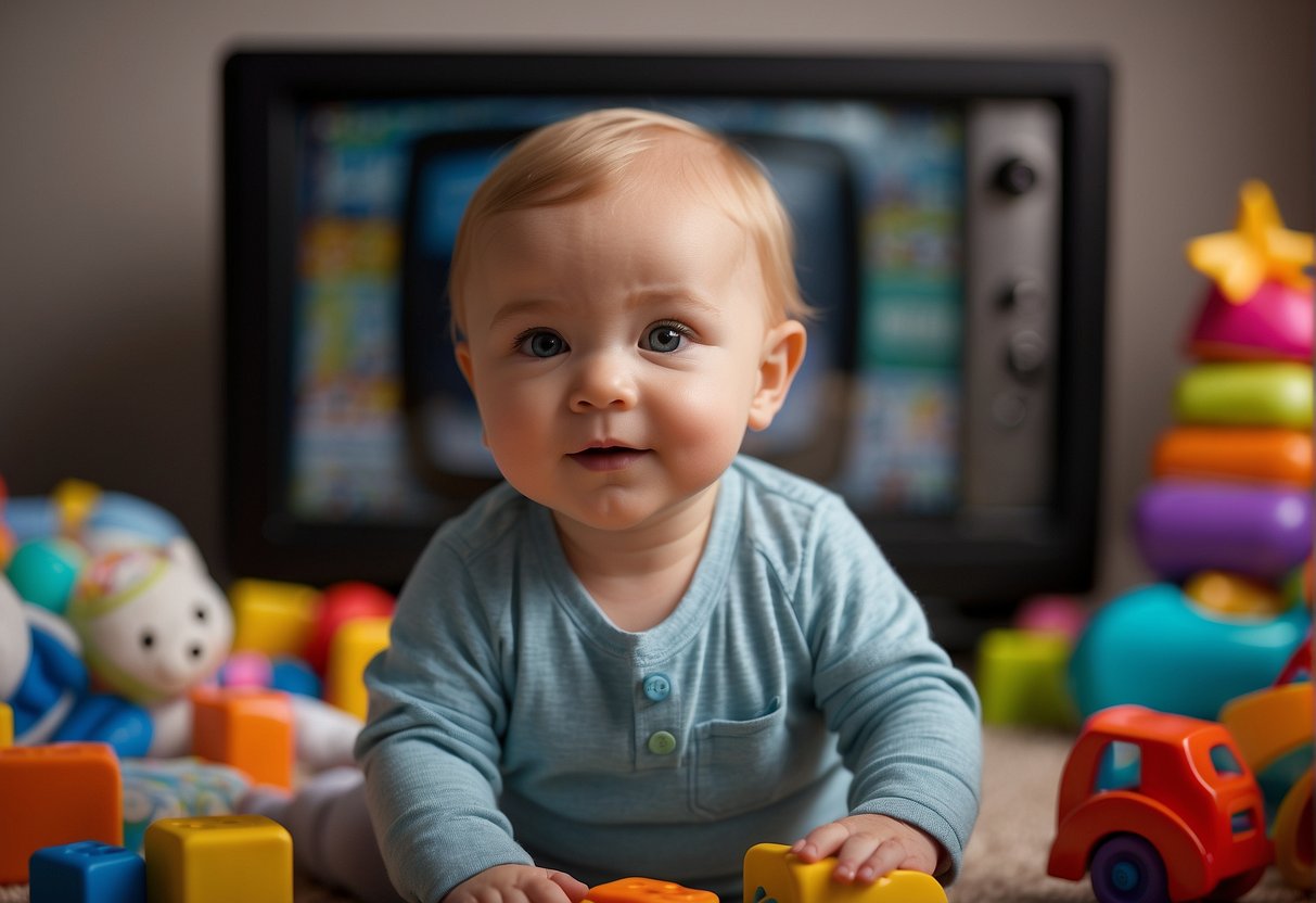 A baby sits in front of a TV, surrounded by educational toys and books. The screen displays colorful and engaging content