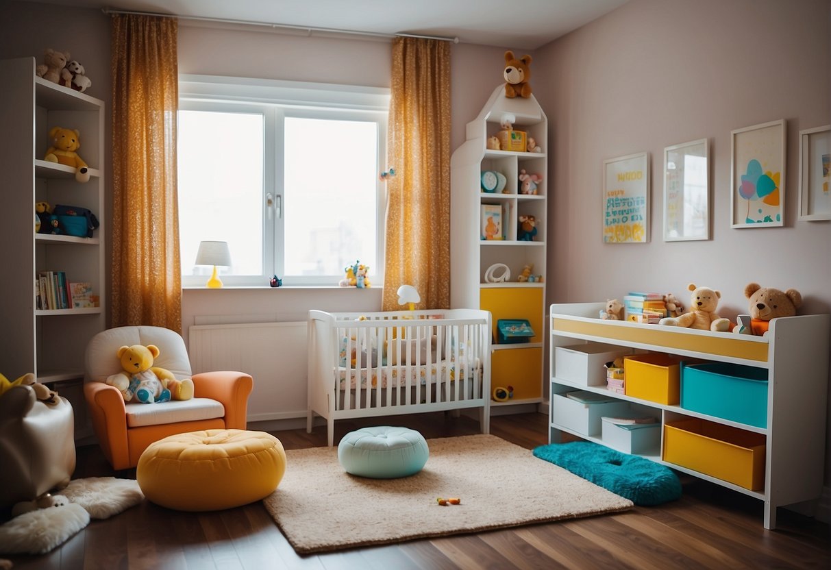 A baby's room with no TV, colorful toys, and books on a shelf