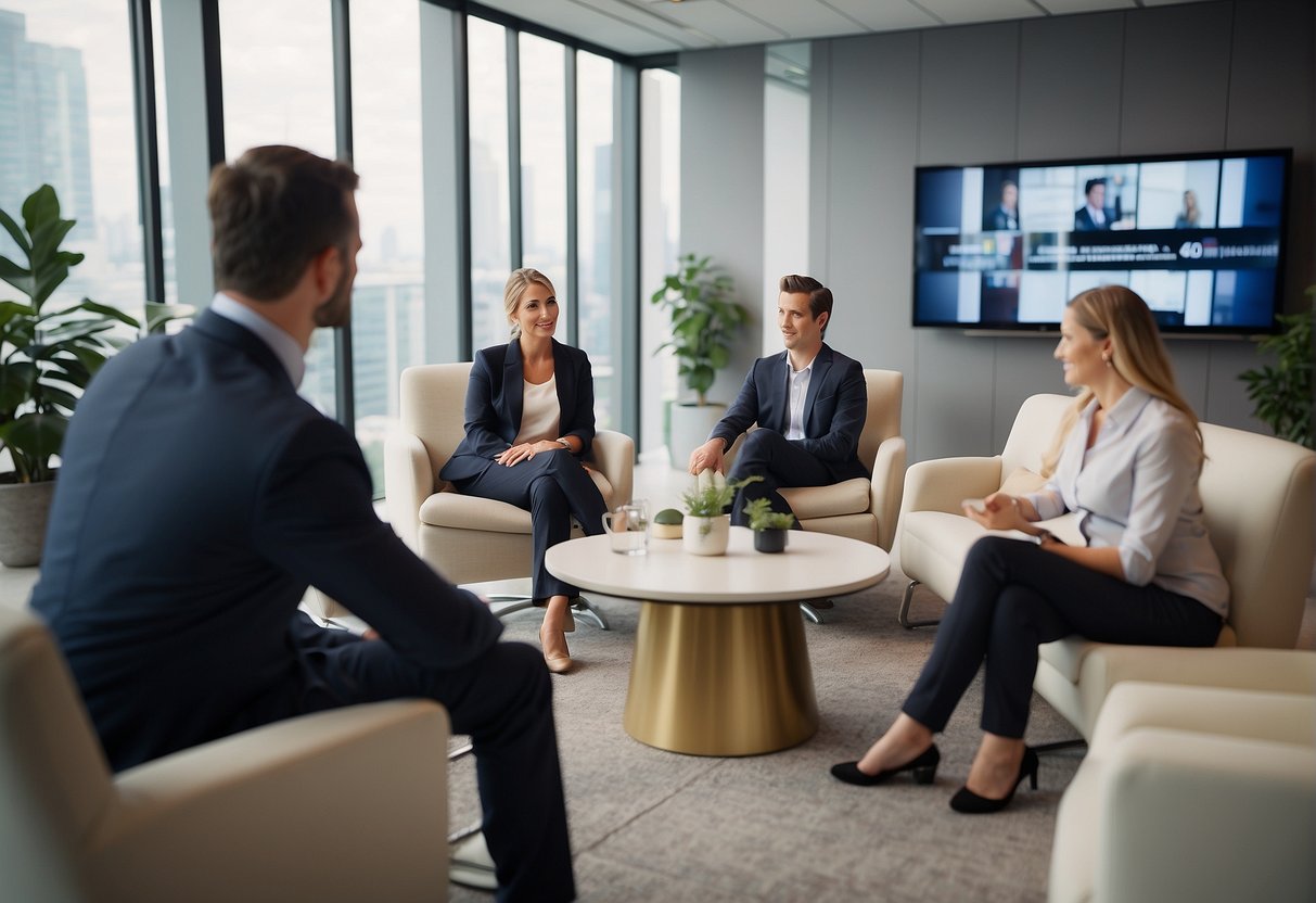 A group of professionals discussing the impact of TV on infants in a bright, modern office setting