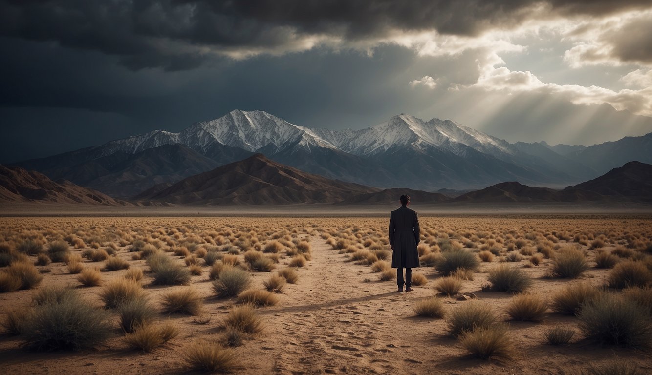 A figure stands in a desolate desert, facing a towering mountain. Storm clouds gather overhead, symbolizing the trials and tribulations faced by biblical characters
