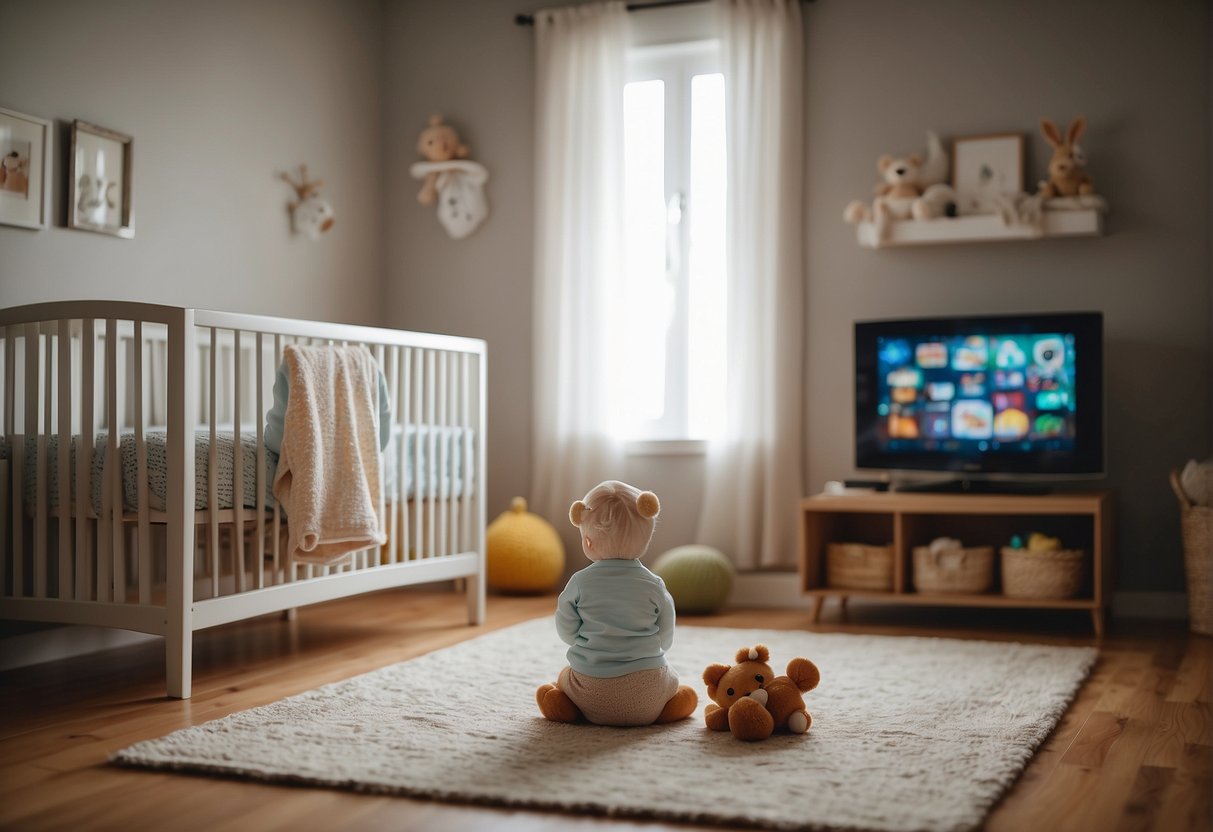 A baby's crib with a TV on in the background, surrounded by toys and a cozy blanket