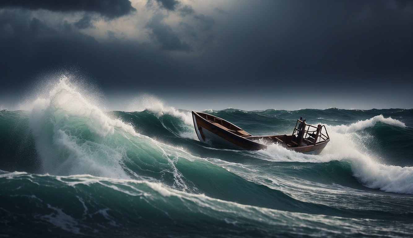 A stormy sea with a small boat struggling against the waves, symbolizing the trials and tribulations faced in the Christian life