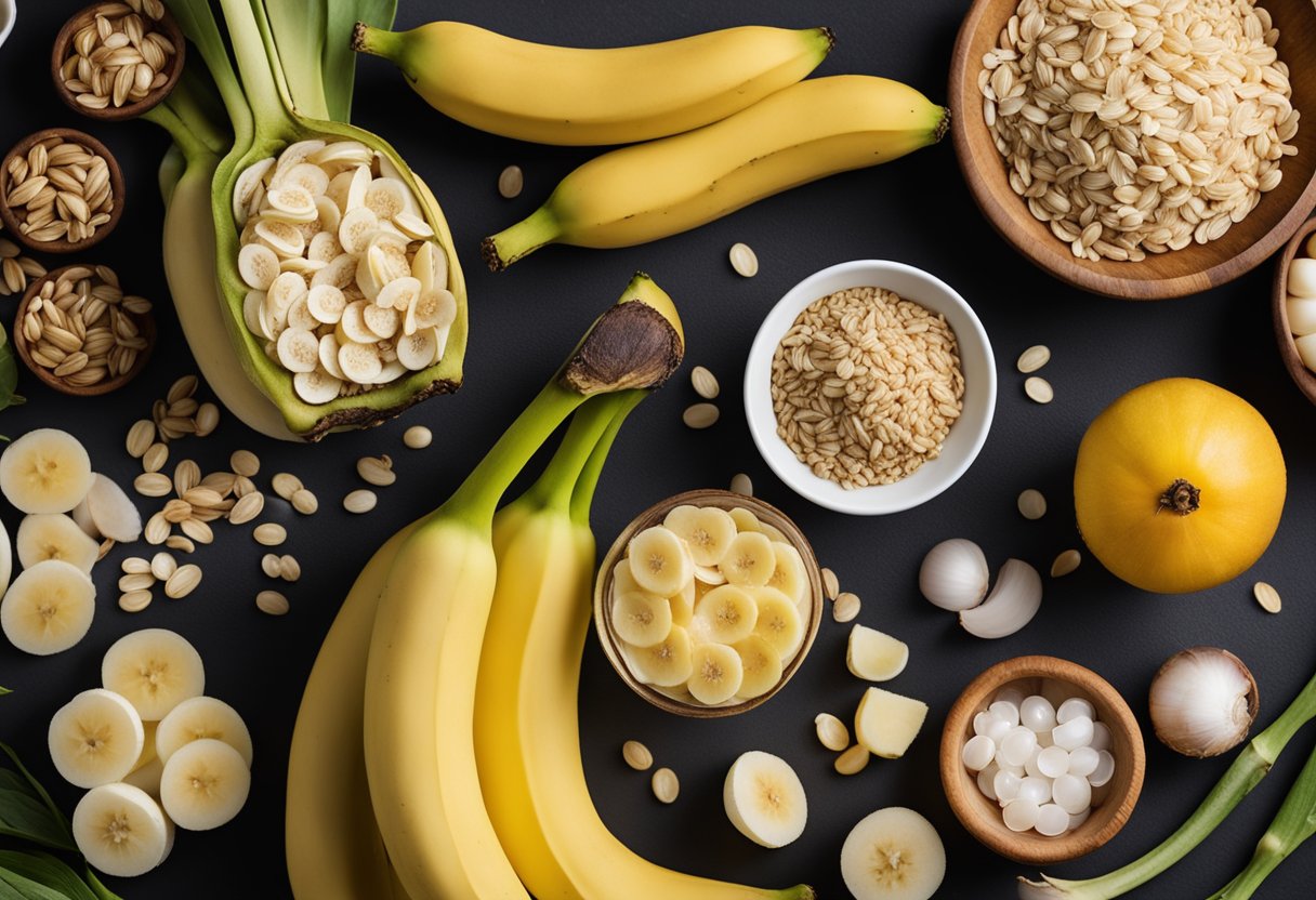 A variety of prebiotic-rich foods like bananas, onions, and oats are shown alongside a gas bubble to depict the potential for gas caused by prebiotics