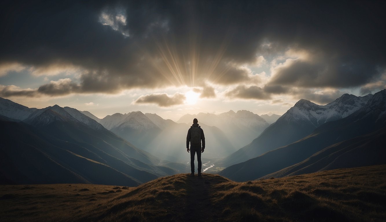 A figure stands in a dark valley, surrounded by towering mountains. A beam of light breaks through the clouds, illuminating the figure and casting a hopeful glow on the scene