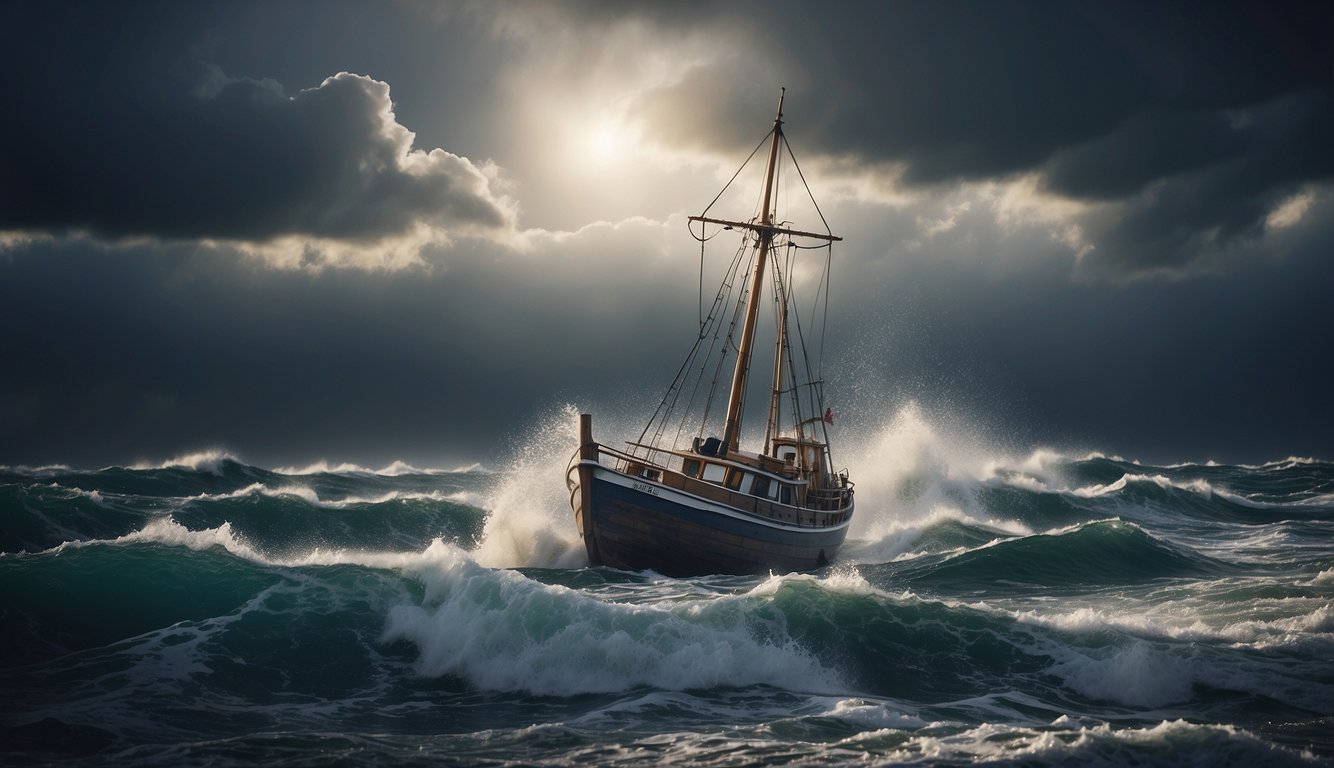 A stormy sea with a small boat struggling against the waves, symbolizing trials and tribulations. A beam of light breaks through the clouds, representing wisdom from scripture