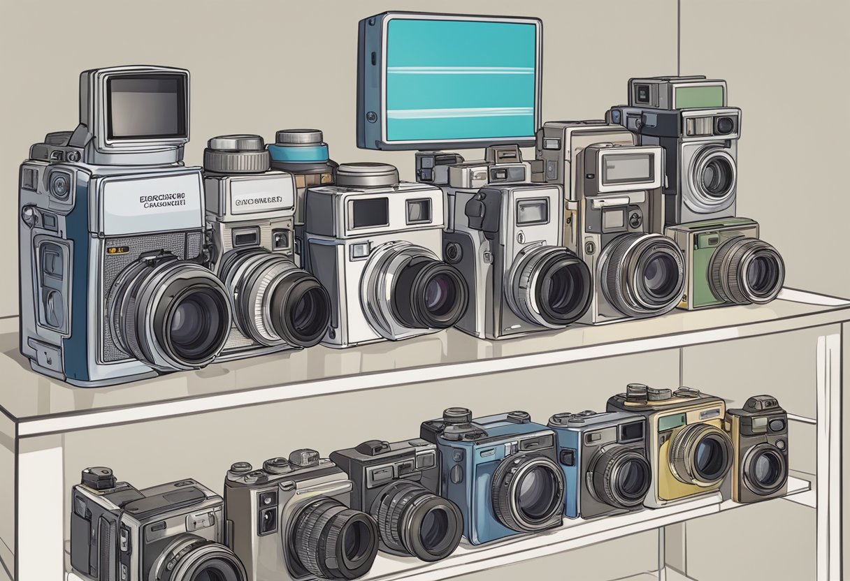 A stack of disposable cameras sits next to a display of photography development services. A sign indicates where customers can get their cameras developed