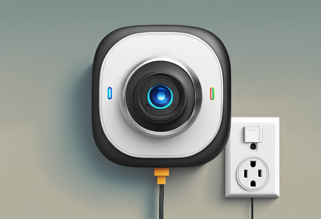 A Ring camera is plugged into a power outlet with a Wi-Fi signal symbol nearby