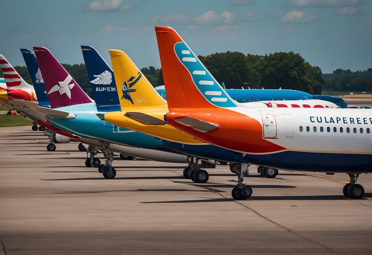 A lineup of colorful airplanes at Birmingham airport, with "Cheap Flights from Birmingham" displayed on a sign