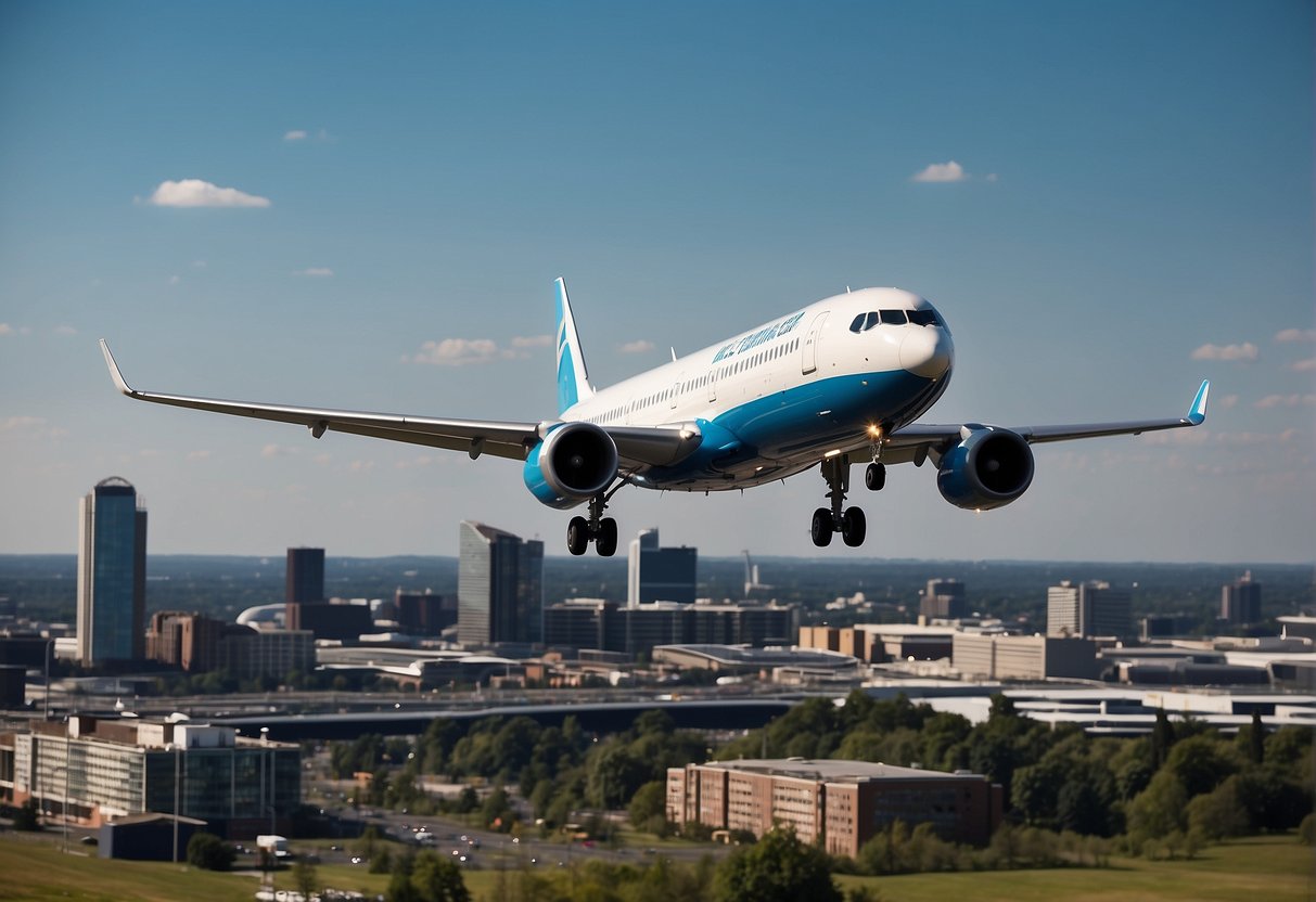 A plane taking off from Birmingham airport with a clear blue sky and the city skyline in the background