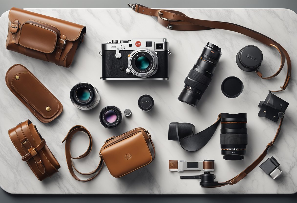 A sleek Leica camera sits on a luxurious marble tabletop, surrounded by high-end photography equipment and elegant leather camera straps