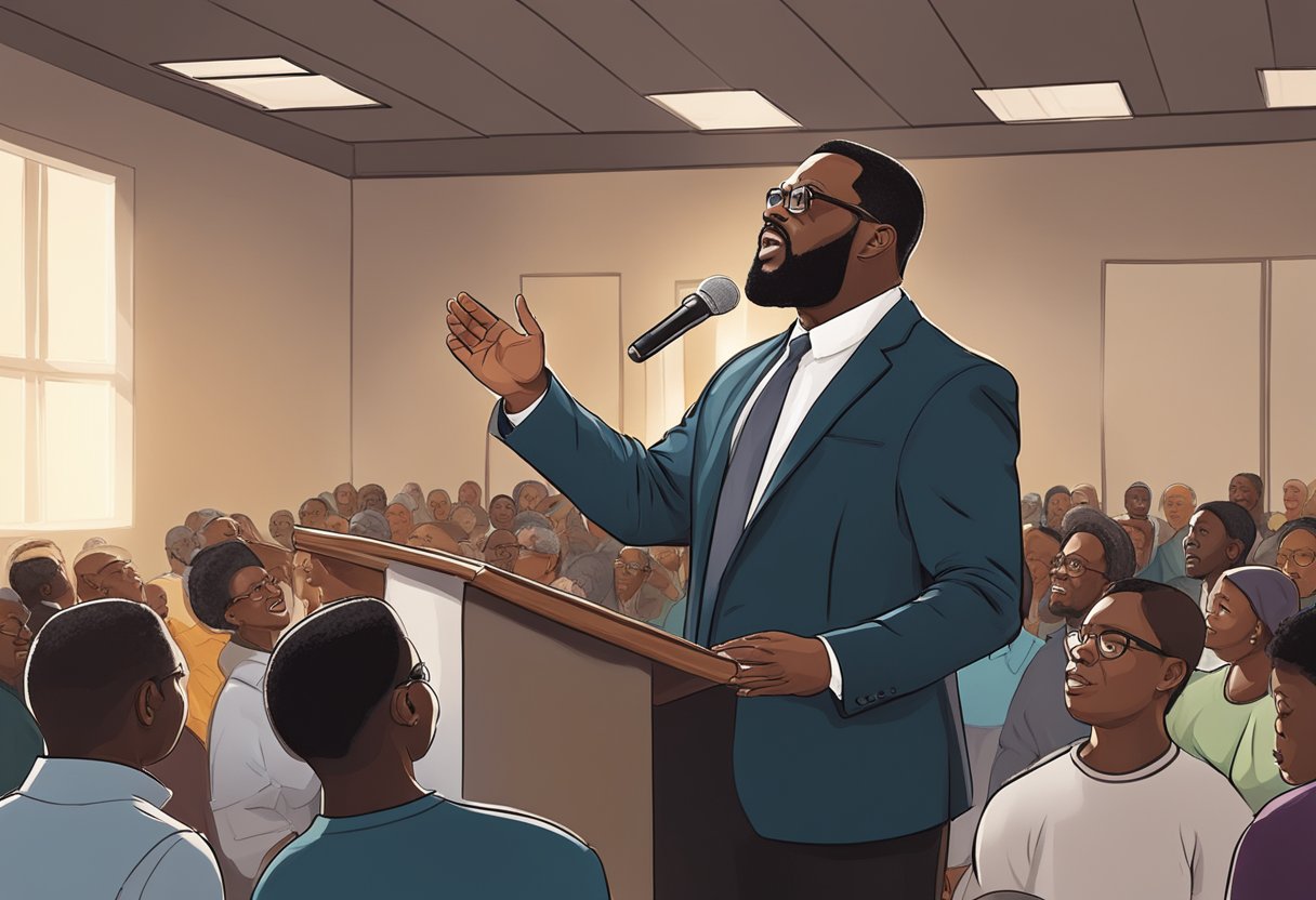 A black Christian leader speaks to a diverse congregation with passion and conviction