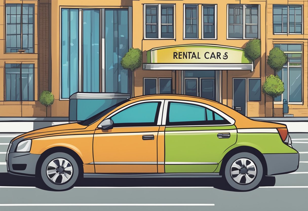 A rental car parked in a lot, with a sign displaying "Rental Car Company Policies" and a question "do rental cars have cameras" displayed on a digital screen
