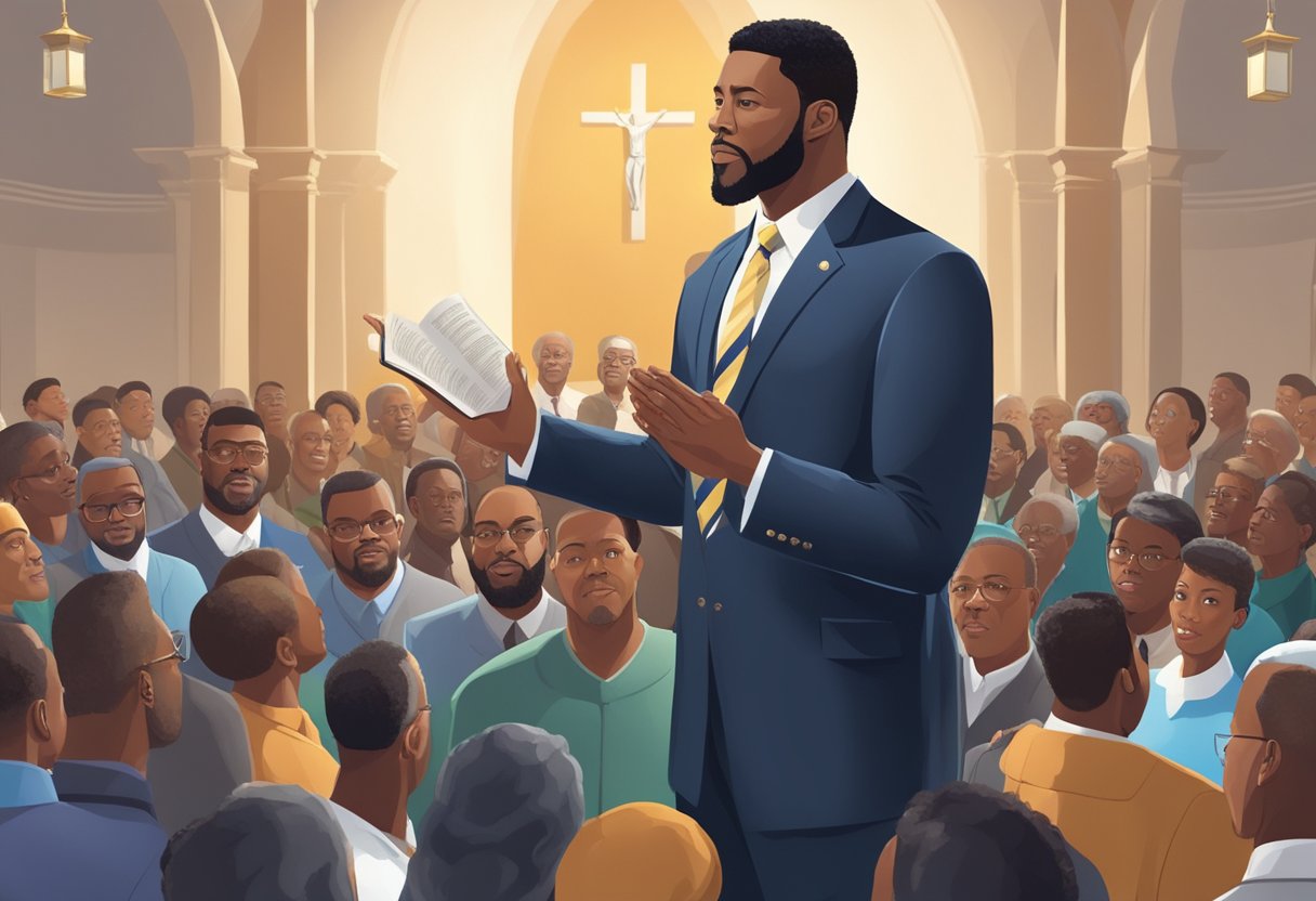 A Black Christian leader addresses a diverse crowd, standing tall with a Bible in hand, surrounded by symbols of faith and unity