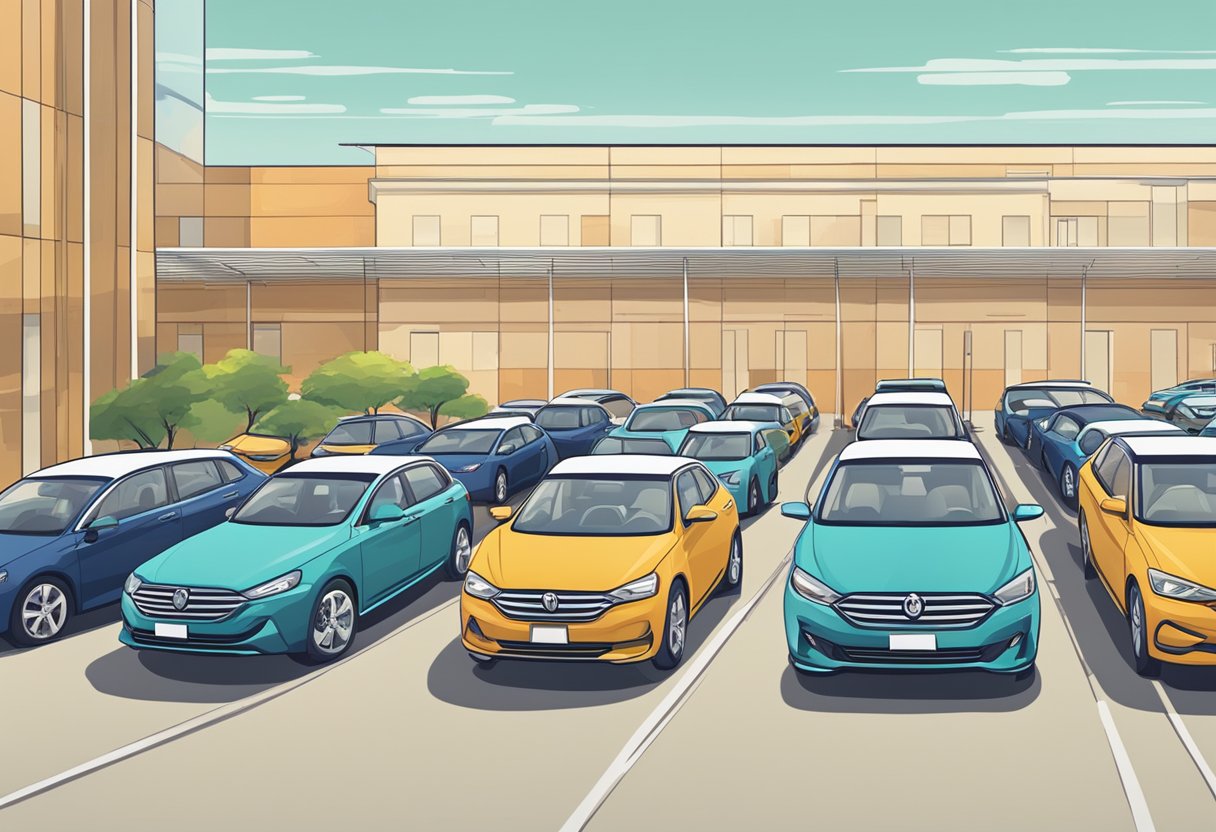 A row of rental cars parked in a lot, with a sign displaying "Emerging Trends and Future Outlook" in the background