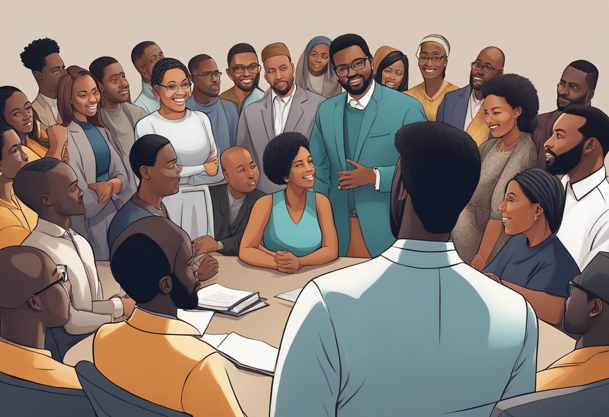A Black Christian leader answers frequently asked questions with confidence and compassion, surrounded by a diverse group of followers
