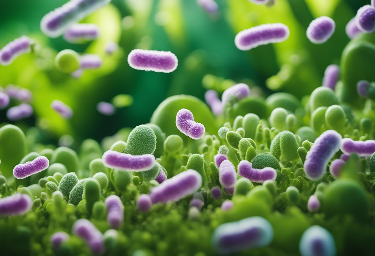 Lactobacilli probiotics populate a vibrant, green ecosystem, thriving in a diverse microbiome