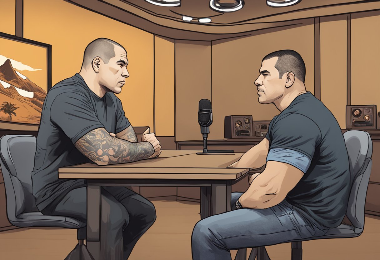 Joe Rogan interviews Cain Velasquez in a podcast studio