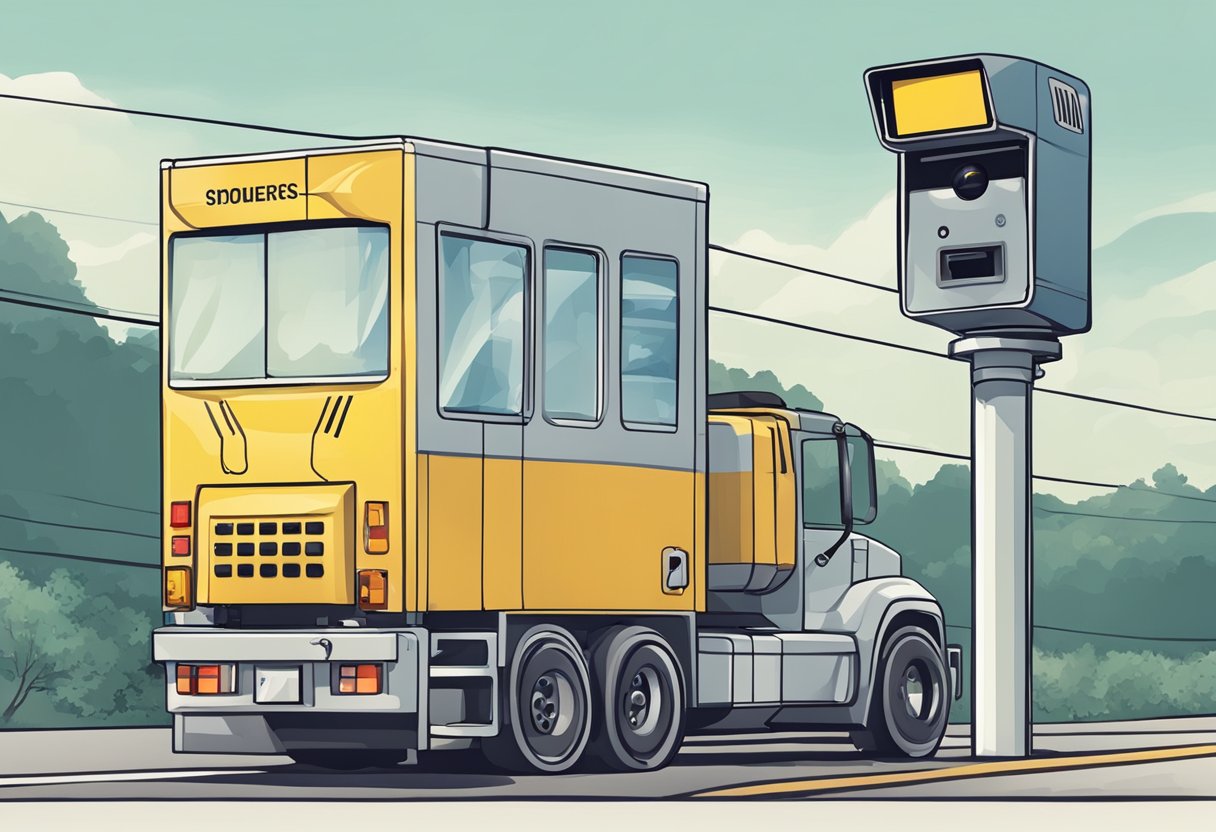 A speed camera sits on a pole by the roadside, capturing vehicles with a flash when they exceed the speed limit, recording their license plates for enforcement