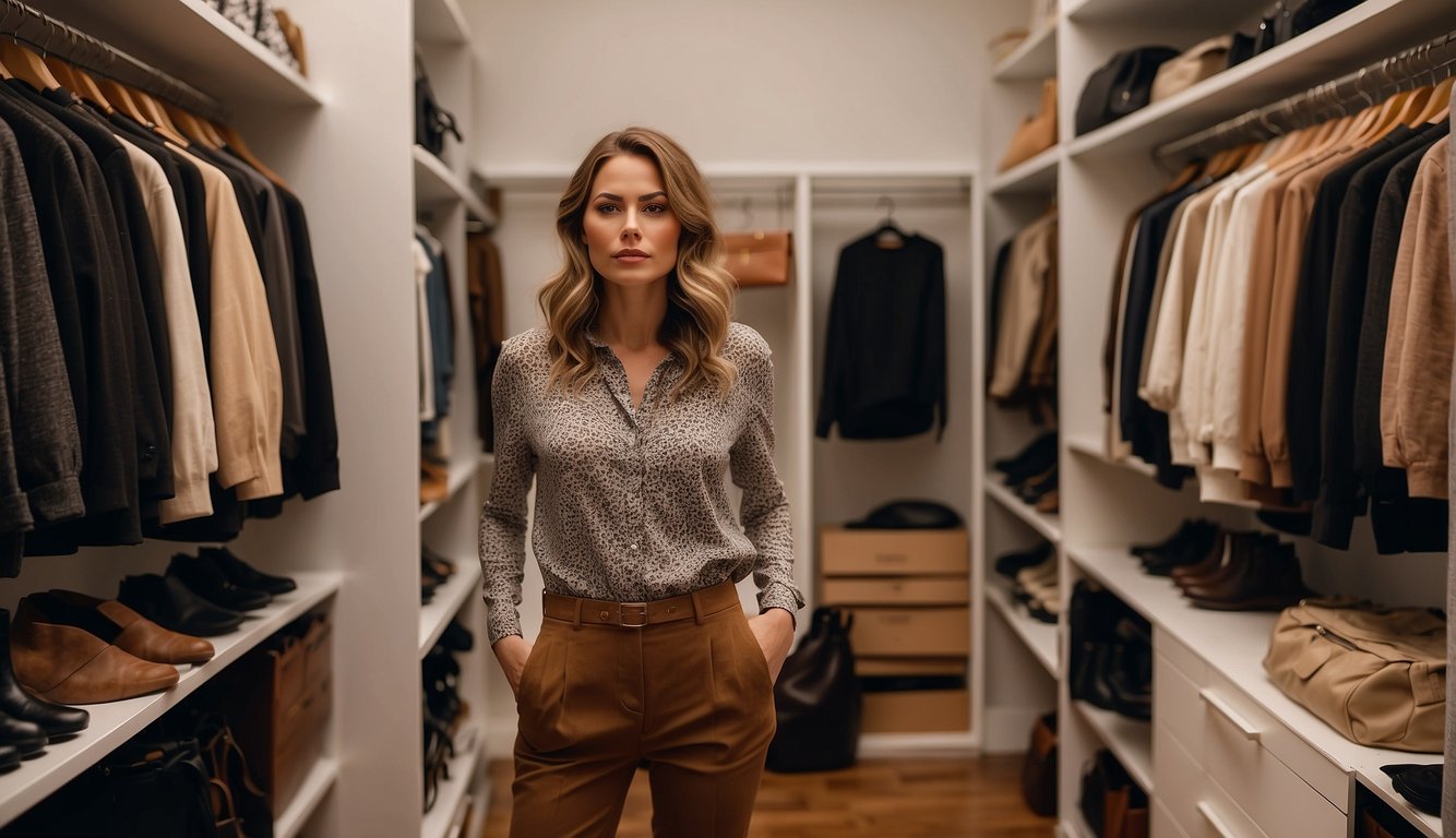 How to Style Brown Pants: A woman stands in front of a closet, holding a pair of brown pants. Various tops and accessories are scattered around her, as she contemplates the best outfit to match the pants