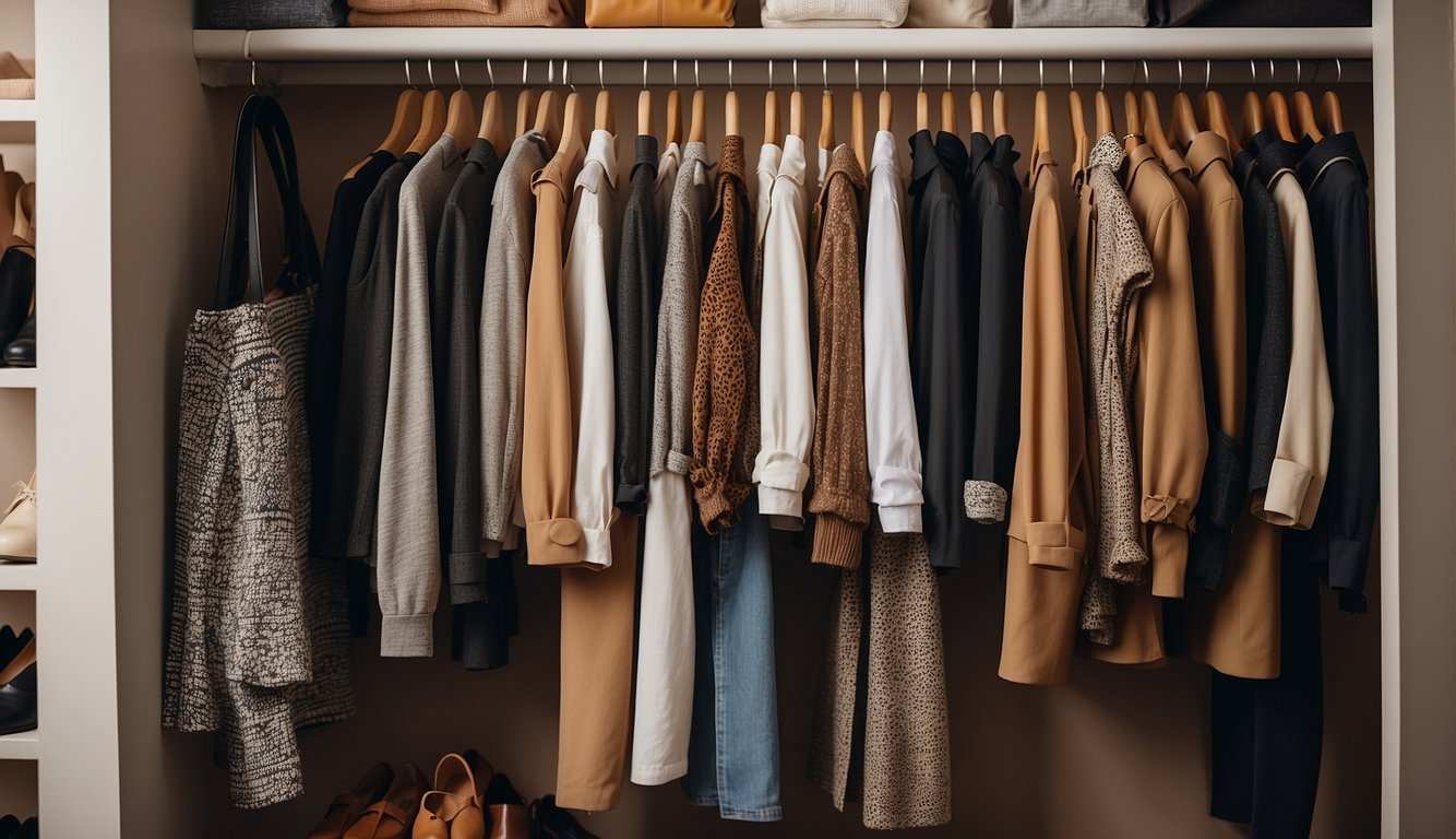 A closet with various clothing items, including brown pants, paired with different tops and shoes, showcasing versatile outfit options for women