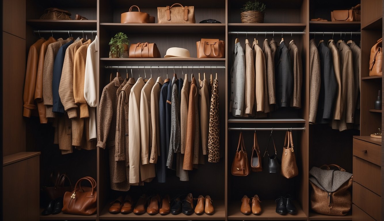 A closet with shelves of brown pants in various textures and styles, surrounded by seasonal clothing and accessories