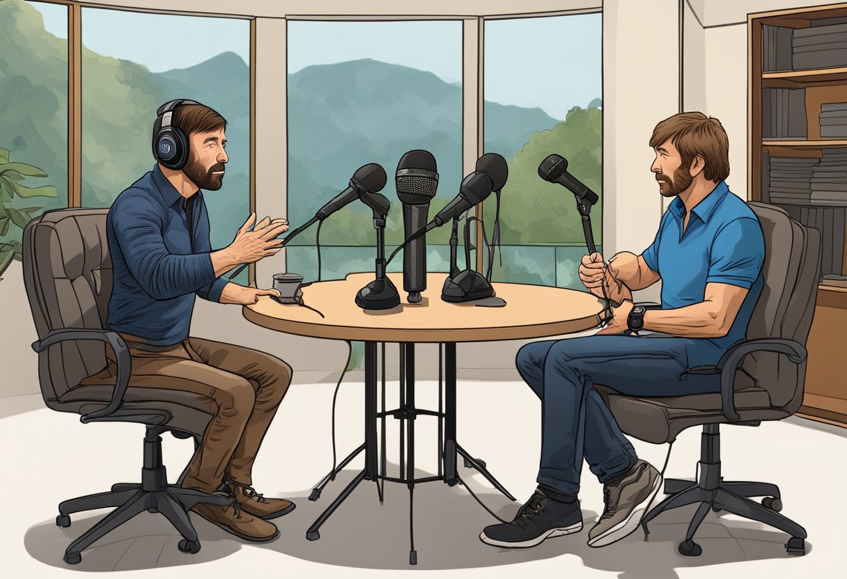 Joe Rogan interviews Chuck Norris on a podcast set with microphones and chairs