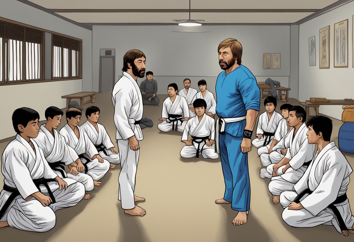 Joe Rogan watches Chuck Norris begin his martial arts training in a small dojo, surrounded by mentors and fellow students
