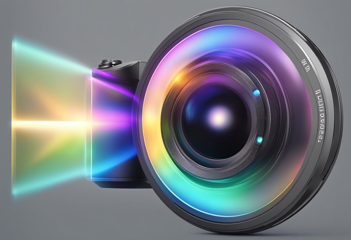 A camera lens focuses light onto a photosensitive surface, capturing an image. The shutter opens and closes to control the amount of light reaching the surface, creating a photograph