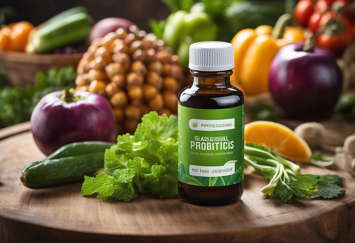 A glass bottle of liquid probiotics sits on a wooden table, surrounded by colorful fruits and vegetables. The label on the bottle features a vibrant, natural design