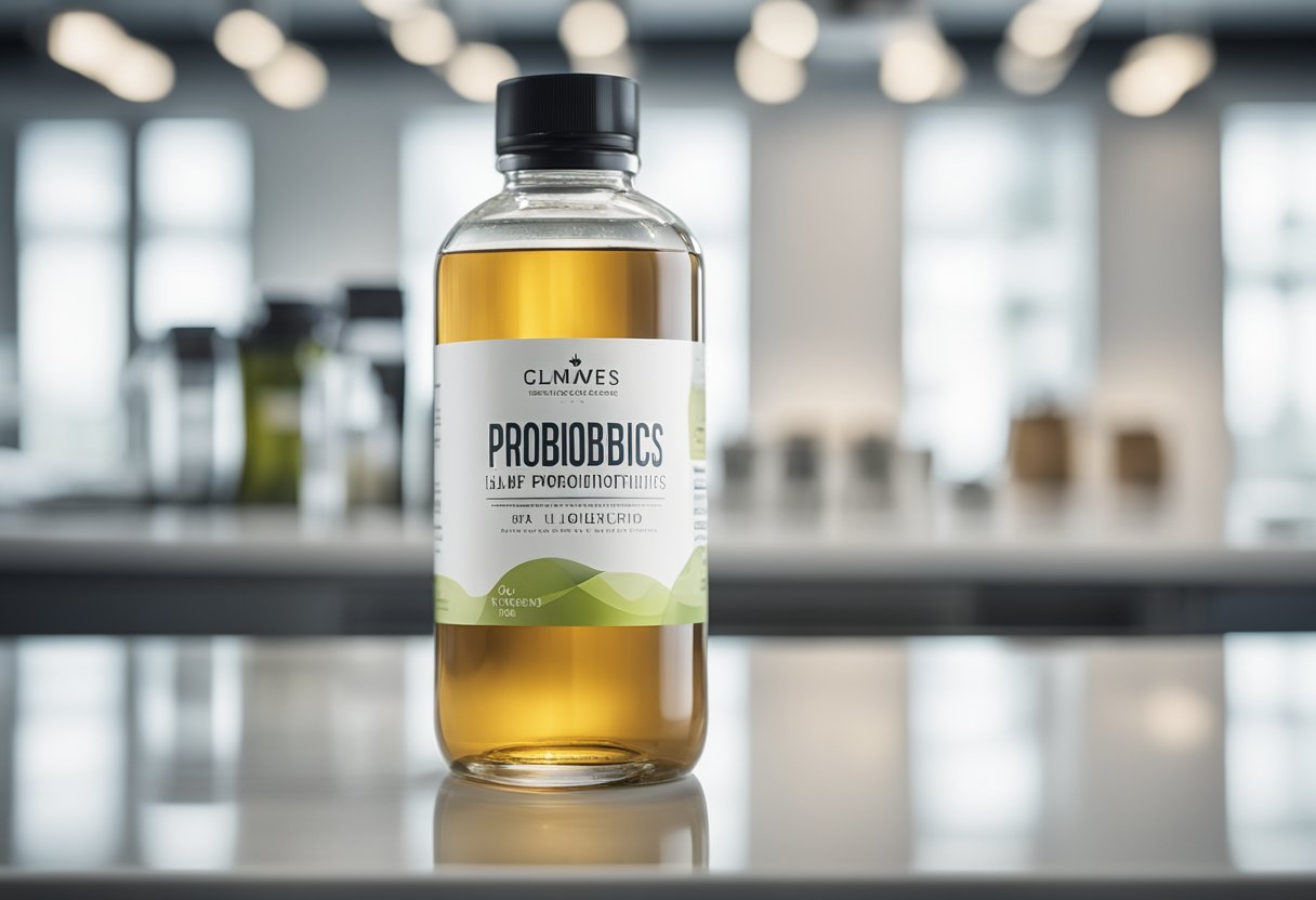 A clear bottle of liquid probiotics sits on a white countertop, with a label displaying the product name and key information. The liquid inside is transparent and appears to be swirling gently